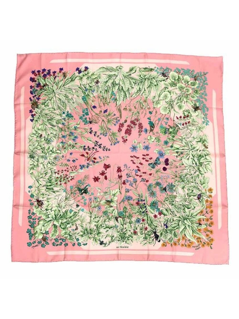 Hermes Scarf Carre 90 la Prairie Meadow Flower Butterfly Pink